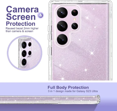 Vista 4 de ULAK Compatible con Funda para Samsung Galaxy S23 Ultra 5G, Resistente de Servicio Pesado a Prueba de Golpes Híbrida Parachoques de TPU Suave Brillo