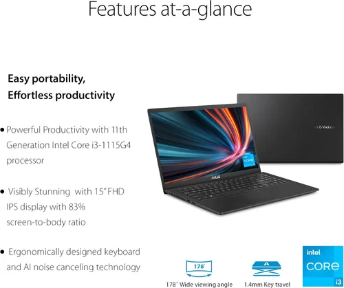 Vista 9 de ASUS VivoBook 15 F1500EA - Laptop delgada, pantalla FHD de 15.6 pulgadas, procesador Intel Core i3-1115G4 de 11ª generación, DDR4 de 4 GB, SSD NVMe