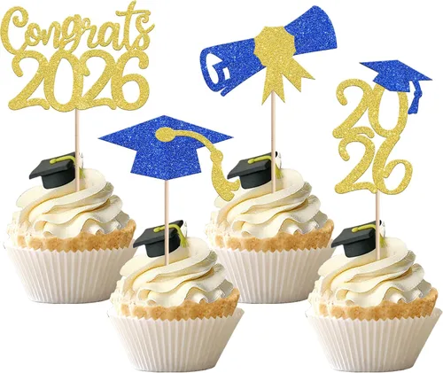 Vista 23 de 30 piezas de decoración para cupcakes de graduación para la clase de 2026 con purpurina brillante para el futuro diploma hecho 2026 Felicidades