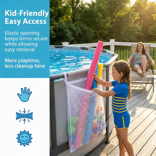 Vista 3 de ¡Perfección junto a la piscina! 4 bolsas de almacenamiento de malla para juguetes, fideos de piscina, flotadores vibrantes – ¡Organiza tu