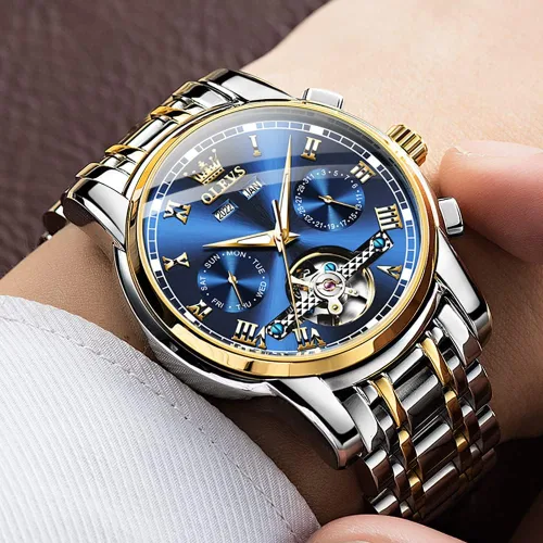 Vista 4 de OLEVS Relojes automáticos de cuerda automática para hombre, fecha y día, calendario, relojes de acero inoxidable, movimiento esquelético