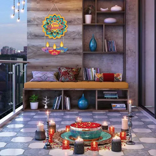 Vista 4 de LHIUEM Diwali - Letreros de madera de Happy Diwali para decoración de pared, juego de 2 (10 x 20 pulgadas), decoración de loto, pancarta india Happy
