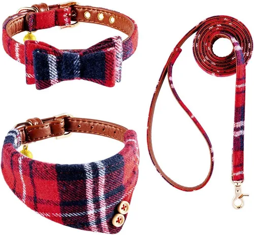Vista 32 de EXPAWLORER Juego de collar y correa para cachorros, collar clásico a cuadros para perros pequeños con corbatín, bonito juego de collar y correa