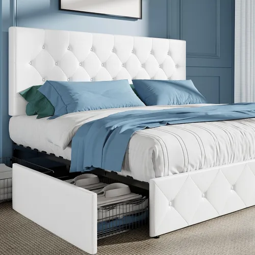 Vista 9 de HOOMIC Base de cama de almacenamiento de plataforma de tamaño matrimonial con 4 cajones y cabecera ajustable, listones de madera, no necesita Blanco