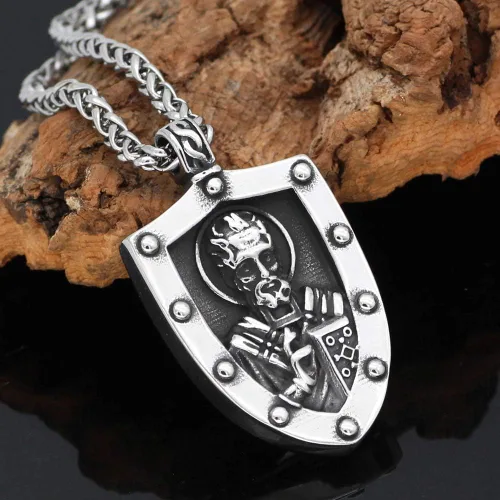 Vista 2 de GuoShuang San Miguel Arcángel Cruz Escudo Oración San Nicolás Medalla Amuleto Collar Colgante Collar Acero Inoxidable