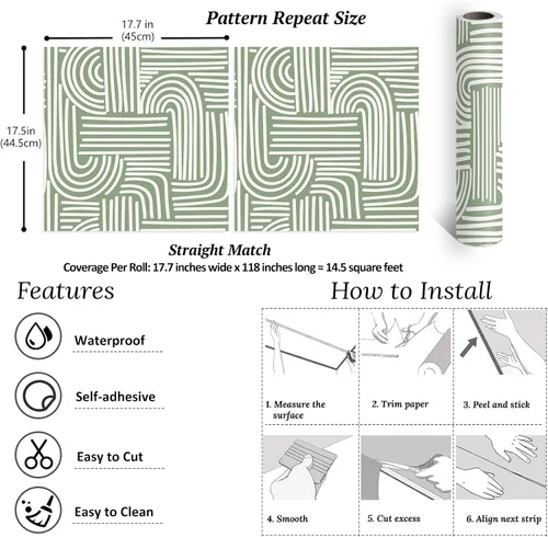 Vista 8 de VEELIKE Papel tapiz geométrico verde salvia para despegar y pegar, papel tapiz geométrico abstracto bohemio para dormitorio, baño, pared decorativa