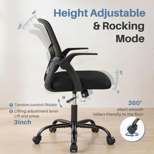 Vista 6 de DUMOS Silla de Oficina para Hogar y Computadora - Ergonómica con Respaldo Medio y Soporte Lumbar y Modo de Balanceo, Altura Ajustable con Brazo