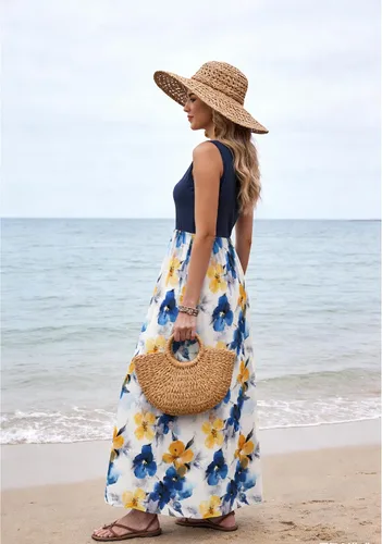 Vista 4 de Bluetime Vestido largo de verano para mujer, estilo bohemio, sin mangas, estampado floral (S-3XL)