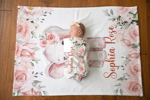 Vista 3 de NAZENTI Manta de bebé de elefante personalizada, manta de bebé niña personalizada con nombre y floral, regalo para niñas y niños, recién nacidos