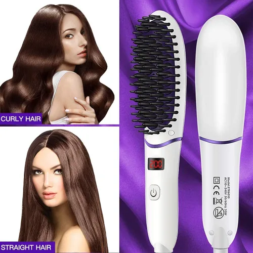 Vista 7 de Cepillo alisador de pelo de tamaño mini para mujer, peine eléctrico antiquemaduras alisador con pantalla LED, cepillo iónico portátil para viajes