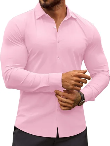 Vista 16 de COOFANDY Camisas de vestir ajustadas para hombre, sin arrugas, manga larga, casuales, con botones