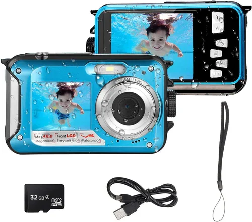 Vista 2 de Acuvar Cámara submarina de 48MP con tarjeta de 32 GB – Cámara digital impermeable de 11 pies, selfie de doble pantalla, enfoque automático, cámara