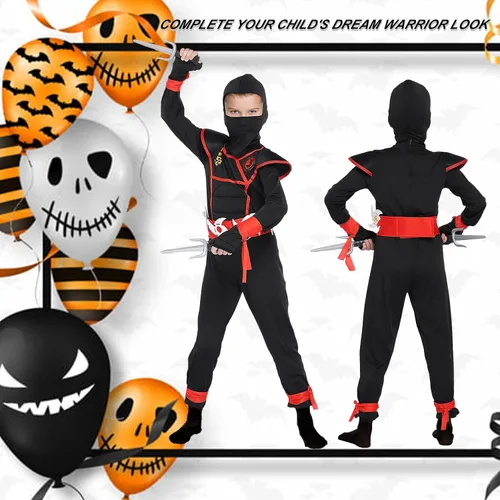 Vista 4 de Disfraz de ninja para niños, disfraz de ninja con máscara negra y accesorios de espuma ninja para Halloween