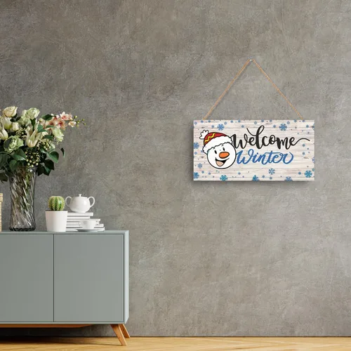 Vista 6 de Letrero de bienvenida de invierno, decoración rústica de madera para pared y puerta, muñeco de nieve impreso y copos de nieve, 11.9 x 6 pulgadas