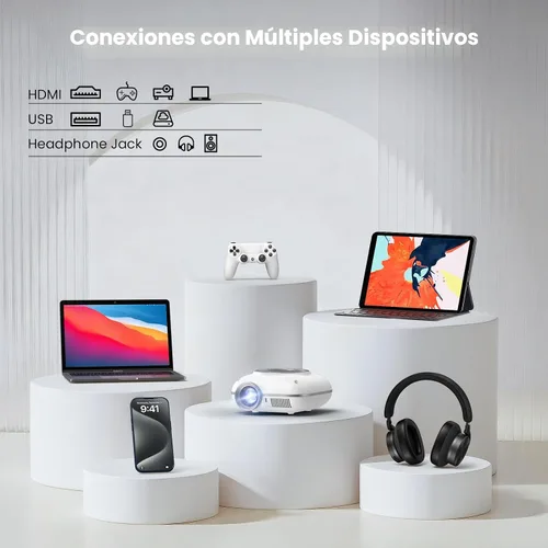 Vista 5 de HOMPOW Mini proyector con Bluetooth bidireccional, proyector portátil para uso de cine en casa, compatible con 1080P para proyector al aire Blanco