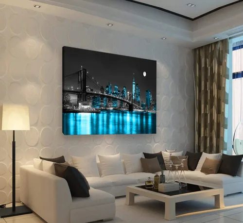 Vista 2 de Aibonnly Arte de Pared Pintura en Lienzo Negro, Blanco y Azul Puente de Brooklyn de Nueva York 1 Pieza Paisaje Urbano Nocturno Edificio Imagen