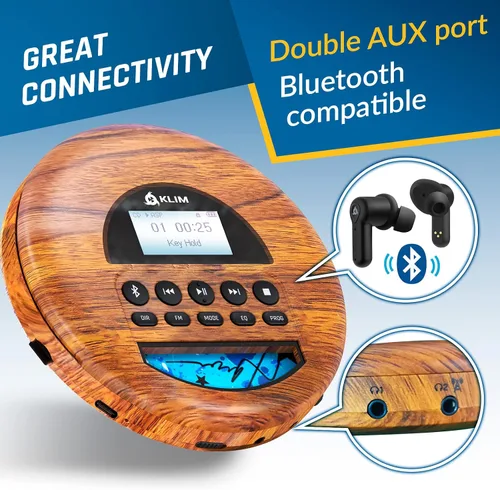 Vista 7 de KLIM Nomad Wood - Reproductor portátil de CD Walkman - Batería de larga duración - Incluye auriculares - Radio FM - Compatible con reproductor de CD