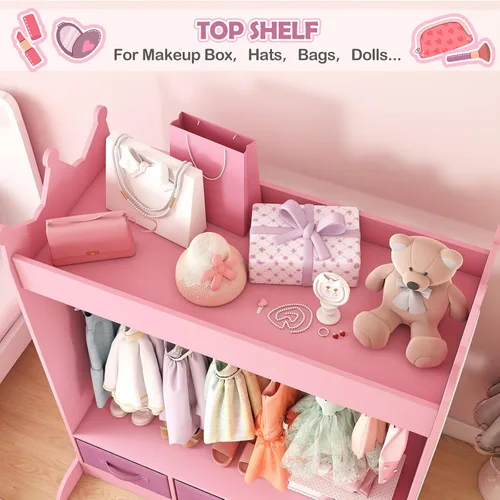 Vista 4 de COSVALVE Almacenamiento de Disfraces para Niños con Espejo y Cajones, Cómoda Armario para Niños, Armario de Almacenamiento de Disfraces para Niños