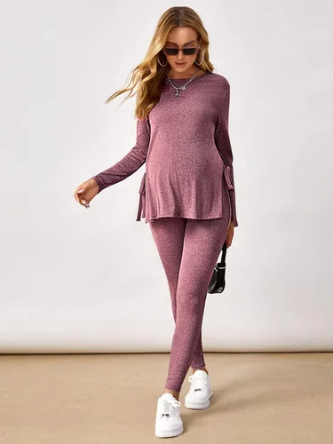 Vista 4 de OYOANGLE Conjunto de camiseta de maternidad con cuello redondo y nudo lateral para mujer