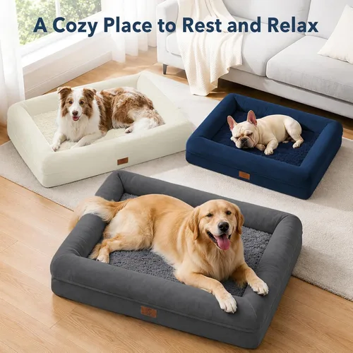 Vista 5 de Cama ortopédica grande para perros, cama impermeable para perros con funda extraíble, sofá suave para mascotas con 4 lados extraíbles y base Beige