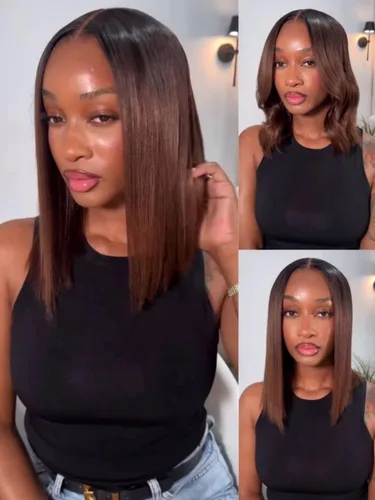 Vista 22 de UNICE Yaki Peluca Bob Recta de Cabello Humano con Cordón Adiós Nudos Sin Pegamento 7x5 Pelucas Frontales de Encaje de Cabello Humano Pre Desplumadas
