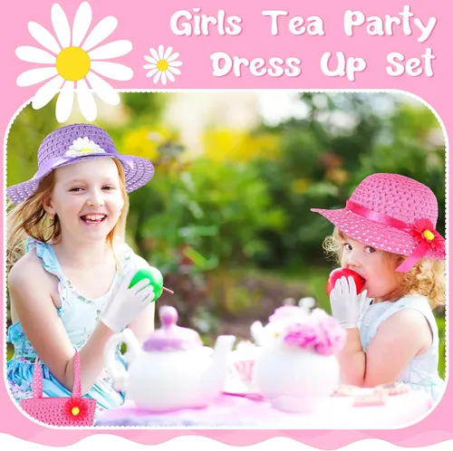 Vista 4 de Juego de 10 piezas de fiesta de té para niñas, incluye sombreros de fiesta de té, gorros, guantes de abanico, monedero rosa, boas de plumas