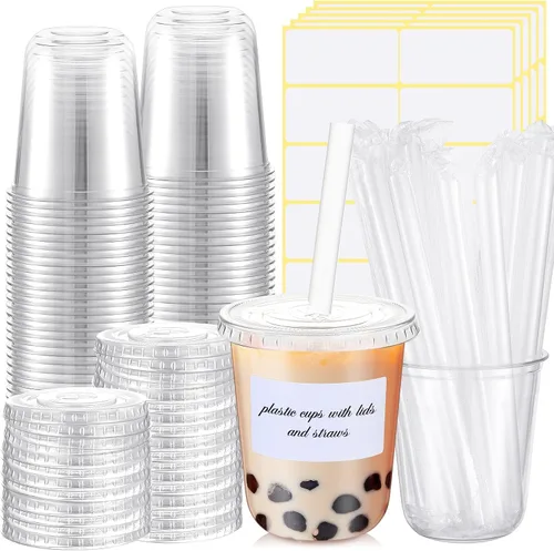 Vista 7 de Ziliny 25 juegos de vasos de plástico transparente con tapas, pajitas y pegatinas, vasos desechables de PET engrosado para café helado, té