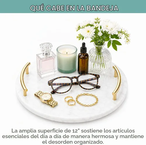 Vista 2 de Bandeja de mármol blanco con asas doradas, bandeja decorativa redonda de mármol para tocador