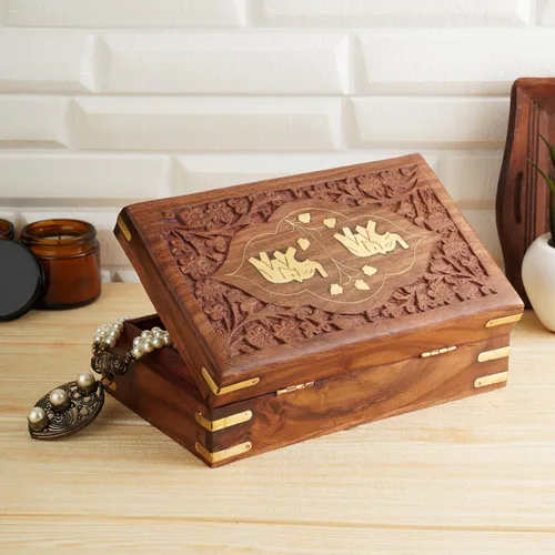 Vista 4 de Ajuny Joyero de madera hecho a mano para mujer, tallado a mano, organizador de viaje de almacenamiento de recuerdos, organizador de viaje