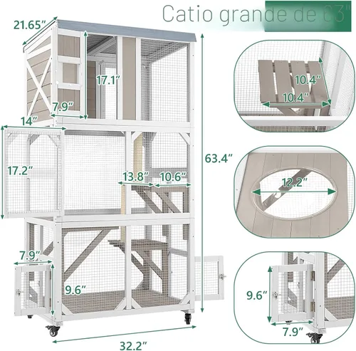 Vista 8 de Catio portátil de 63" con ruedas, recinto para gatos al aire libre