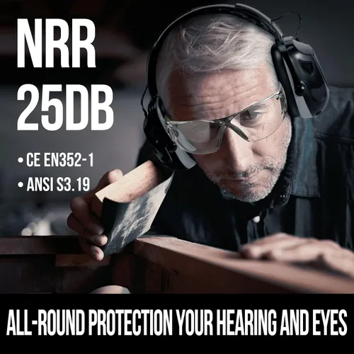 Vista 2 de Orejeras Bluetooth de protección auditiva, protección para los oídos + gafas de seguridad, NRR 25 dB, cancelación de ruido para cortar el césped