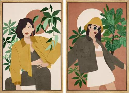 Vista 98 de SIGNFORD Lienzo enmarcado para pared, juego de arte geométrico retro de mediados de siglo, plantas forestales, ilustraciones con formas abstractas