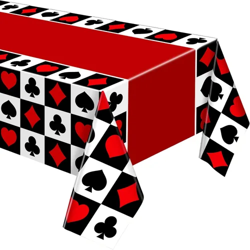 Vista 10 de Hosuly 3 piezas de decoración de fiesta temática de casino, mantel de póquer de plástico desechable, mantel temático de casino para juegos Negro