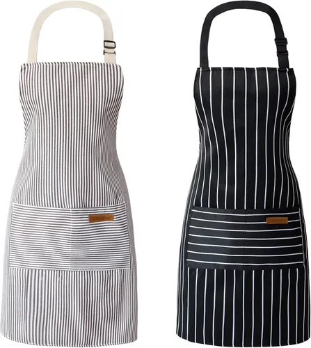 Vista 11 de ATROPOS Paquete de 2 delantales para mujeres con bolsillos, delantales de cocina para mujeres y hombres, delantales de chef ajustables para cocina