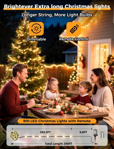 Vista 2 de Brightever Luces LED para árbol de Navidad, 900 bombillas de 295 pies, luz de Navidad exterior enchufable con control remoto, 8 modos