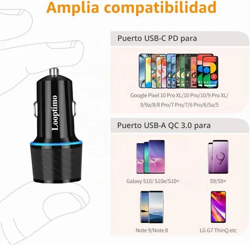 Vista 3 de Adaptador de cargador de coche rápido USB C de 45 W con cable tipo C de 3.3 Negro