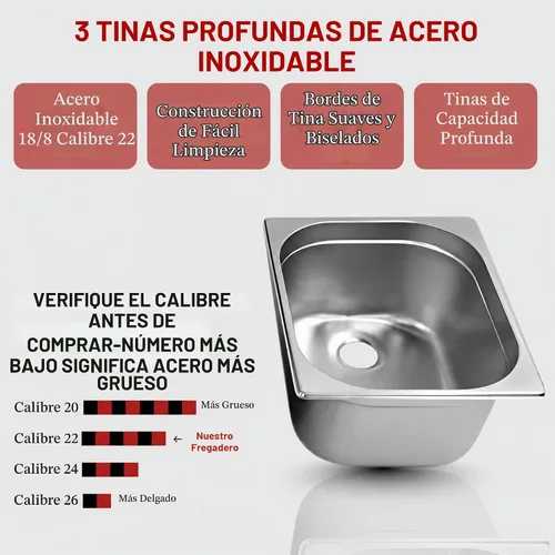 Vista 3 de Fregadero de concesión de acero inoxidable con 3 compartimentos grandes