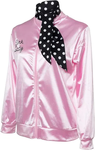 Vista 3 de Adult Women 1950s Pink Satin Costume Jacket with Neck Scarf Girls Lady Halloween Cosplay Fancy Dress Up Props
