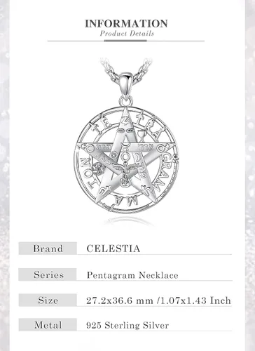 Vista 8 de CELESTIA Collar de pentagrama de plata de ley 925 para mujeres y hombres, cadena de 24 pulgadas, Plata esterlina
