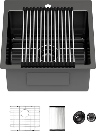 Vista 10 de Fregadero de cocina para exteriores 15 x 15 pulgadas, fregadero de bar de 15 x 15 pulgadas, fregaderos de cocina de acero inoxidable de calibre 16