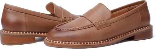 Vista 6 de FOGEENA Mocasines de cuero mate para mujer, estilo casual, sin cordones, punta redonda, tacón bajo grueso, zapatos de vestir de 1 pulgada