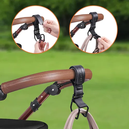 Vista 6 de Vigorport Ganchos para cochecito de bebé para colgar bolsas de pañales, clip organizador de cochecito de cuero genuino para compras de bolsos