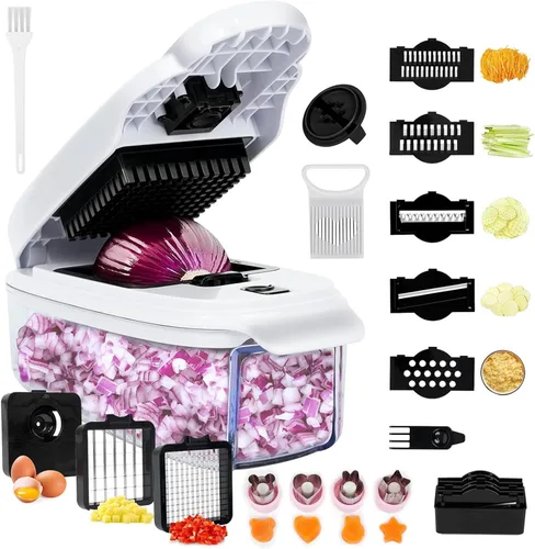 Vista 11 de Picador de verduras 13 en 1 Picador de cebolla · Picador de verduras con recipiente · Picador de ensalada · Cortador de patatas – Regalo