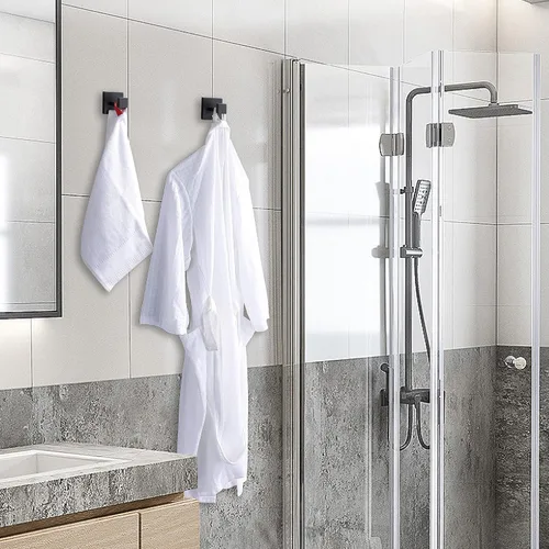 Vista 3 de Paquete de 2 ganchos para toallas de baño color negro mate, acero inoxidable, cuadrado, para toalla, abrigo, montaje en pared, inodoro, cocina