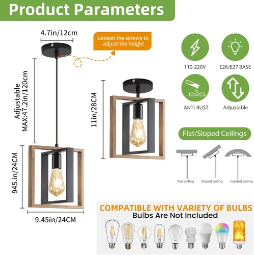Vista 3 de Lámpara colgante estilo granja, luces colgantes negras para isla de cocina, luz colgante de metal industrial y madera vintage, lámpara de techo