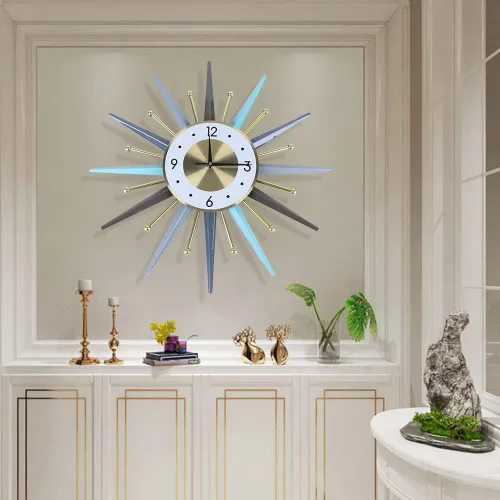 Vista 11 de Reloj de pared grande silencioso de 19.6 pulgadas para decoración de sala de estar, reloj de pared dorado con forma de explosión de sol y estrella