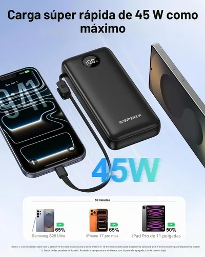 Vista 8 de AsperX cargador portátil 45W, batería de carga rápida del banco del poder Negro