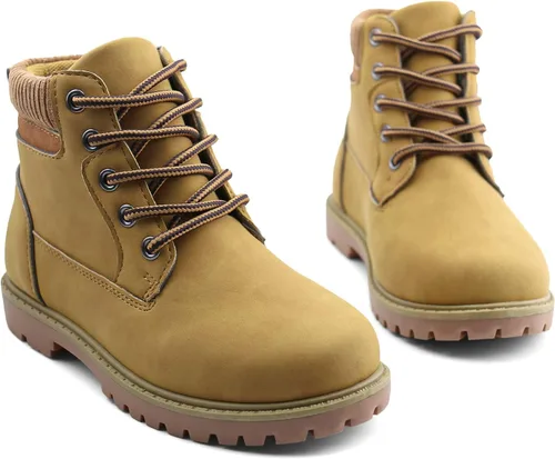 Vista 7 de JABASIC Botas de tobillo para niños y niñas, con cordones, cómodas botas de trabajo al aire libre