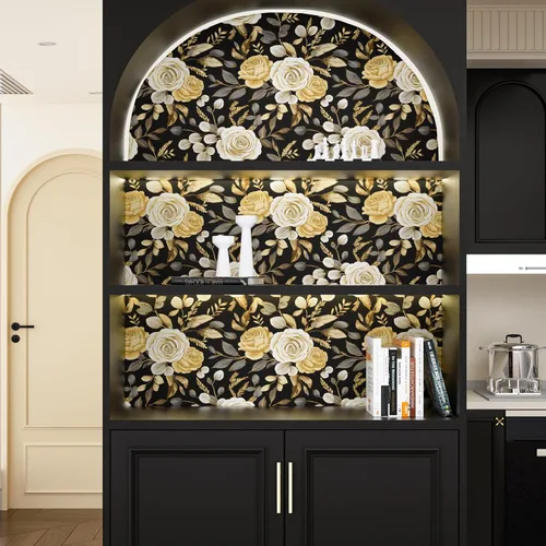 Vista 6 de Papel tapiz floral oscuro, papel tapiz autoadhesivo para despegar y pegar, papel tapiz de vinilo negro bohemio para armarios, papel adhesivo