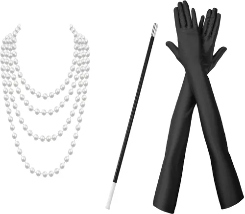 Vista 2 de Conjuntos de accesorios Flapper de los años 20 para mujer, gran disfraz de Gatsby, tocado, collar de perlas, guantes, soporte